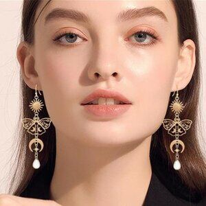 Moon Star Mushroom Earrings | Celestial Gold Dangle Earrings | Hypoallergenic